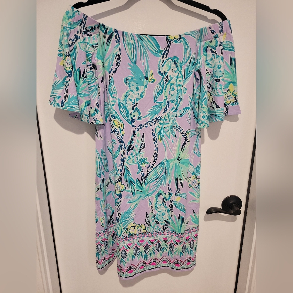 Lilly Pulitzer Fawcett Dress Lilac Verbena Impawsible Off the shoulder
